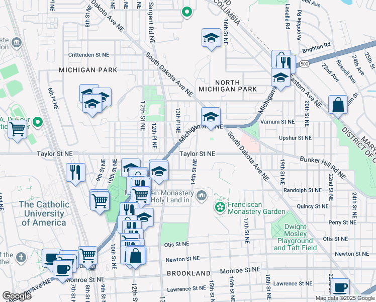 map of restaurants, bars, coffee shops, grocery stores, and more near 1338 Taylor Street Northeast in Washington