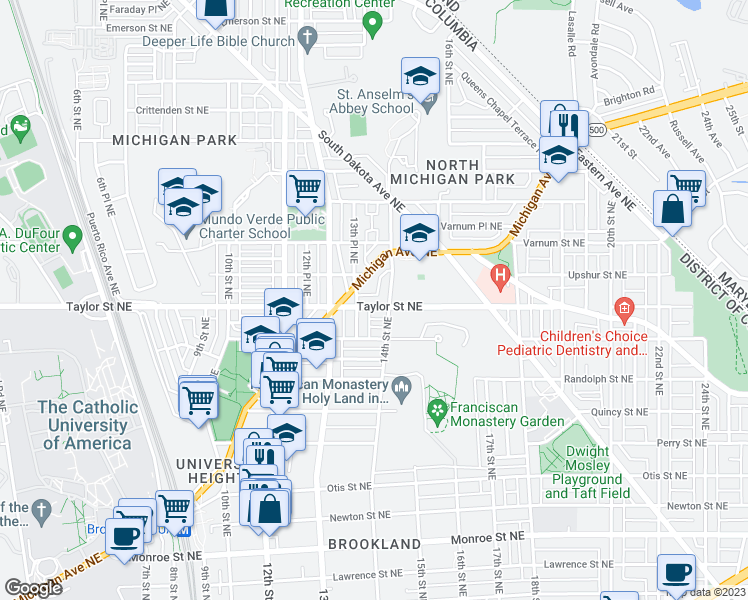 map of restaurants, bars, coffee shops, grocery stores, and more near 1338 Taylor Street Northeast in Washington