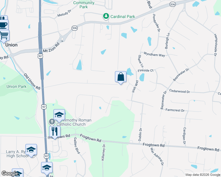 map of restaurants, bars, coffee shops, grocery stores, and more near 1807 Whispering Trail in Union