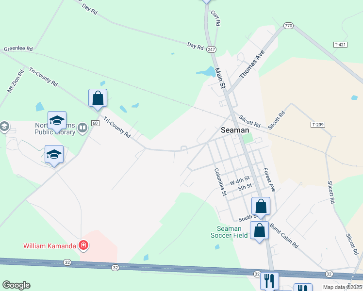 map of restaurants, bars, coffee shops, grocery stores, and more near 6674 Tri-County Road in Seaman