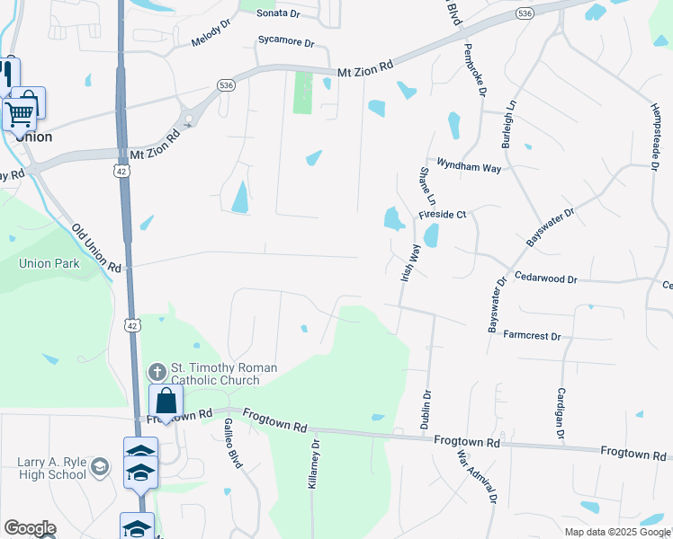 map of restaurants, bars, coffee shops, grocery stores, and more near 1806 Whispering Trail in Union