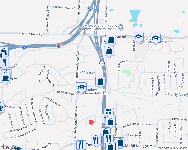 map of restaurants, bars, coffee shops, grocery stores, and more near 814 Northeast Cedar Street in Lee's Summit