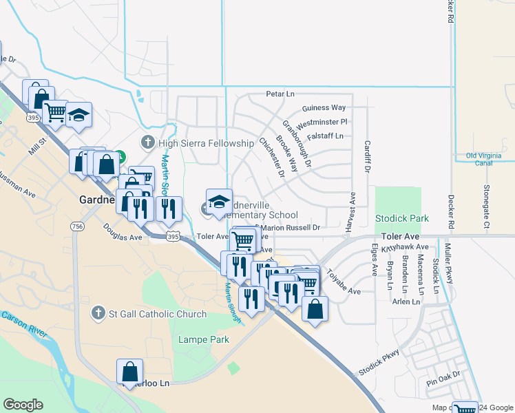 map of restaurants, bars, coffee shops, grocery stores, and more near 1314 Penn Lane in Gardnerville