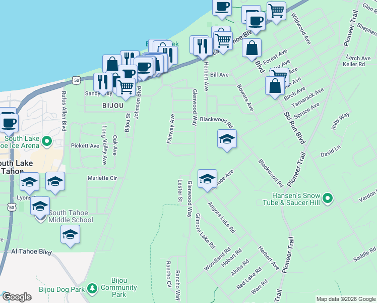 map of restaurants, bars, coffee shops, grocery stores, and more near 1213 Fairway Avenue in South Lake Tahoe