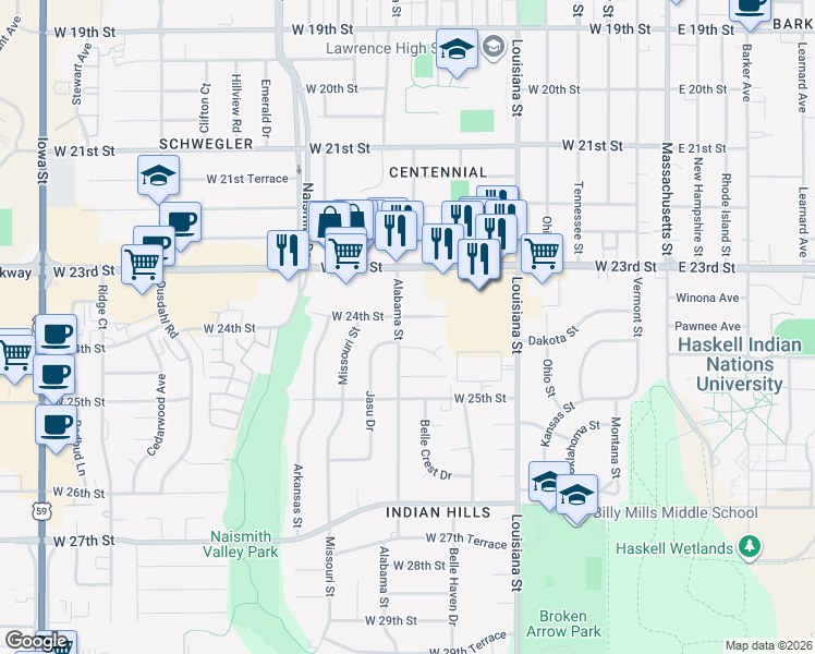map of restaurants, bars, coffee shops, grocery stores, and more near 816 West 24th Street in Lawrence