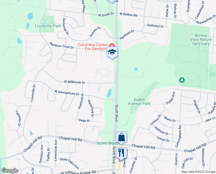 map of restaurants, bars, coffee shops, grocery stores, and more near 4367 Millbrook Court in Columbia