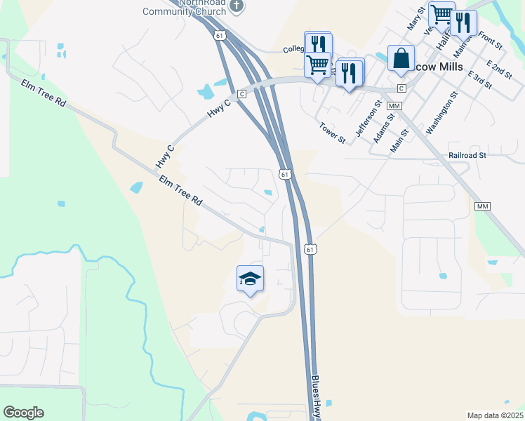 map of restaurants, bars, coffee shops, grocery stores, and more near 107 Pam Court in Moscow Mills