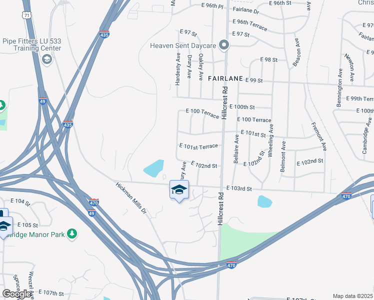 map of restaurants, bars, coffee shops, grocery stores, and more near 5601 East 101st Terrace in Kansas City