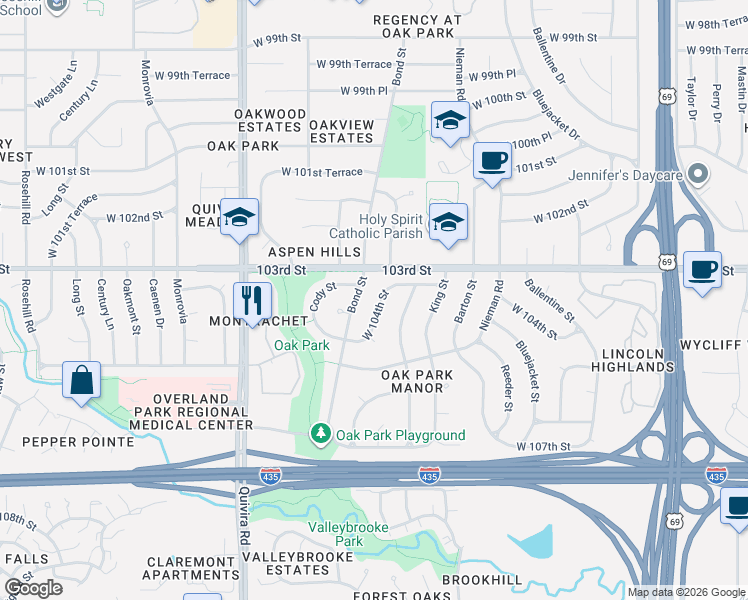 map of restaurants, bars, coffee shops, grocery stores, and more near 11408 West 104th Street in Overland Park