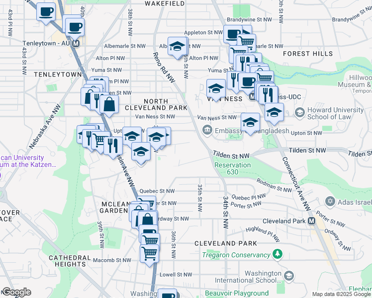map of restaurants, bars, coffee shops, grocery stores, and more near 3550 Tilden Street Northwest in Washington