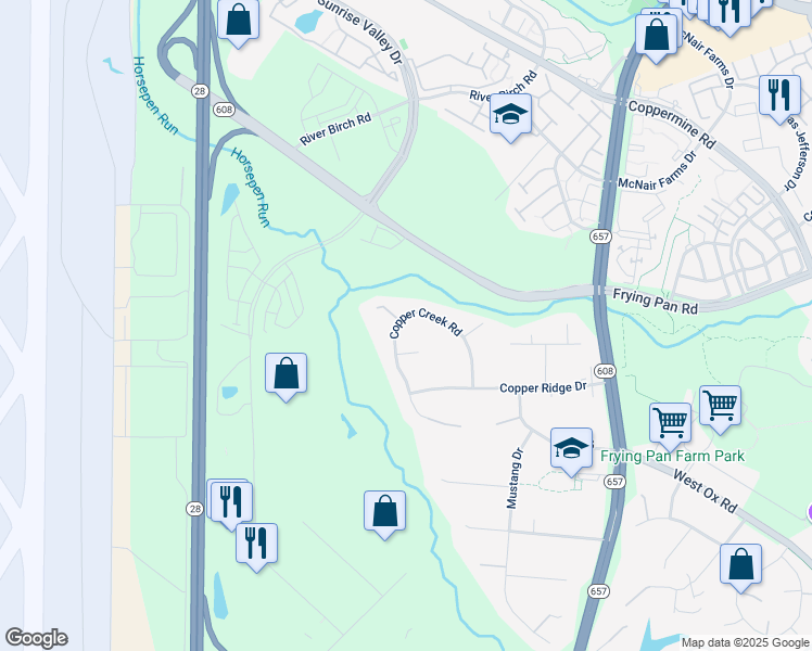 map of restaurants, bars, coffee shops, grocery stores, and more near 2727 Copper Creek Road in Herndon