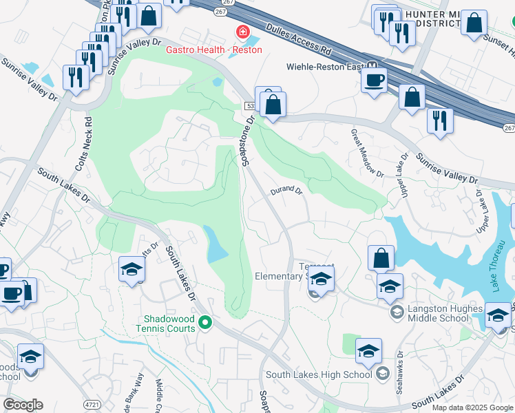 map of restaurants, bars, coffee shops, grocery stores, and more near 2007 Winged Foot Court in Reston