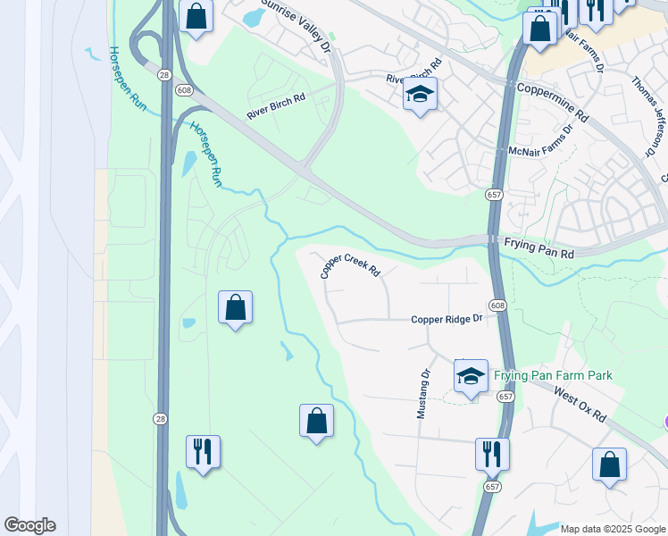 map of restaurants, bars, coffee shops, grocery stores, and more near 2727 Copper Creek Road in Herndon