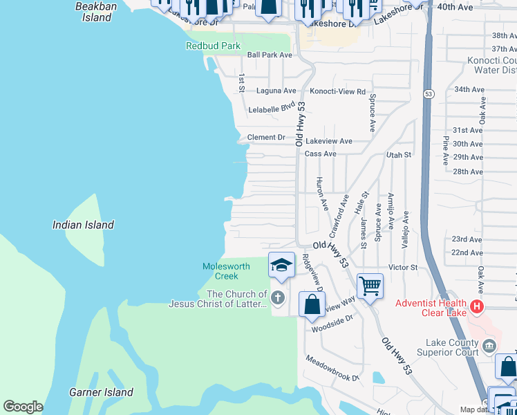 map of restaurants, bars, coffee shops, grocery stores, and more near 5845 Old Highway 53 in Clearlake