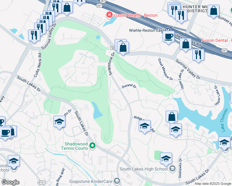 map of restaurants, bars, coffee shops, grocery stores, and more near 2007 Winged Foot Court in Reston