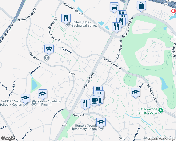 map of restaurants, bars, coffee shops, grocery stores, and more near 2405 Southgate Square in Reston