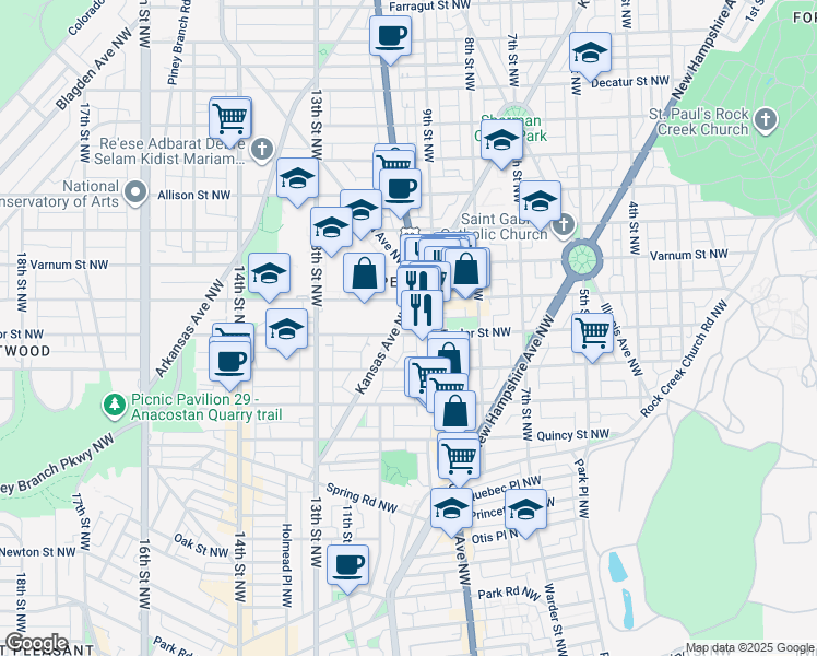 map of restaurants, bars, coffee shops, grocery stores, and more near 4100 Georgia Avenue Northwest in Washington