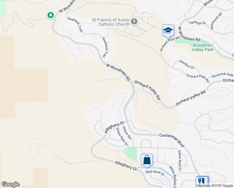map of restaurants, bars, coffee shops, grocery stores, and more near 7725 Julynn Road in Colorado Springs