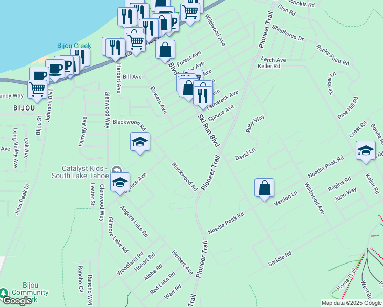 map of restaurants, bars, coffee shops, grocery stores, and more near 3605 Terry Avenue in South Lake Tahoe