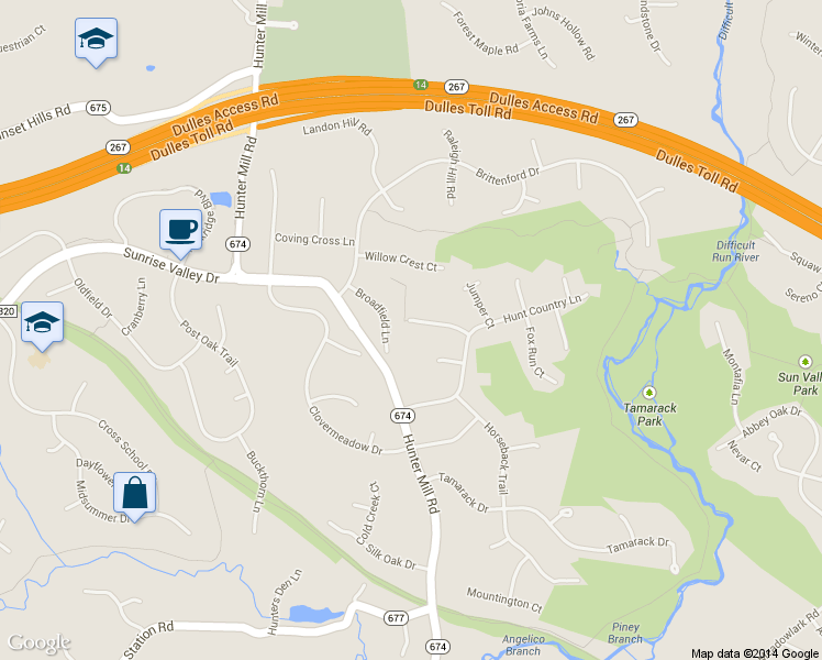 map of restaurants, bars, coffee shops, grocery stores, and more near 10411 Stone Ridge Ln in Vienna