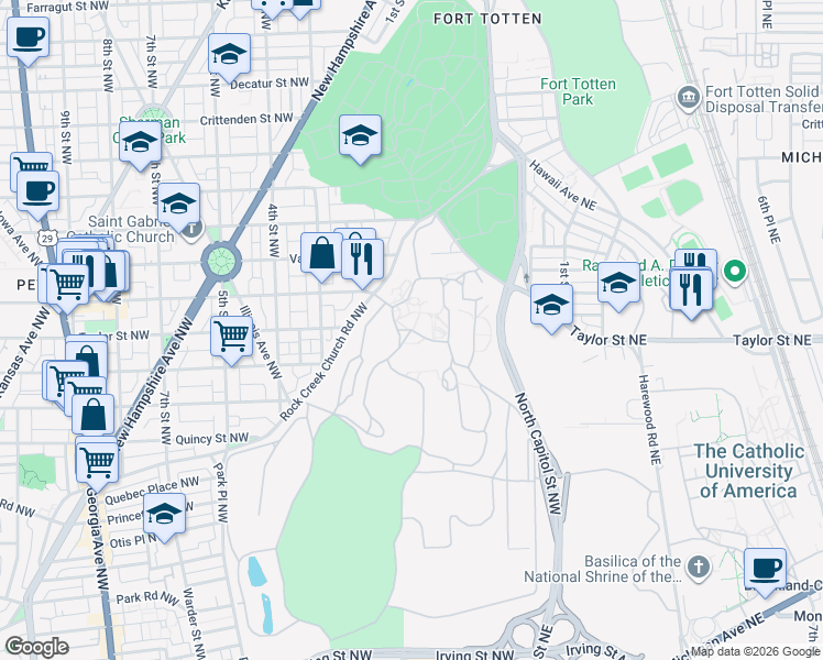 map of restaurants, bars, coffee shops, grocery stores, and more near Scott Rd NW in Washington