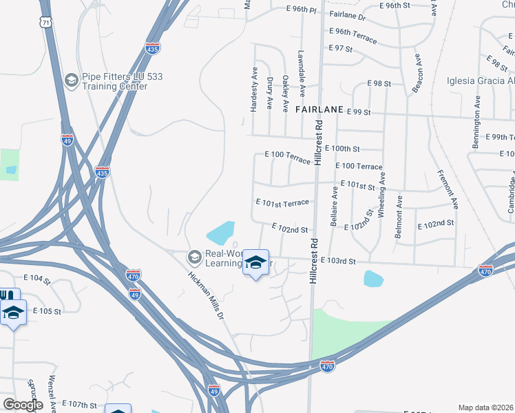 map of restaurants, bars, coffee shops, grocery stores, and more near 5600 East 101st Street in Kansas City