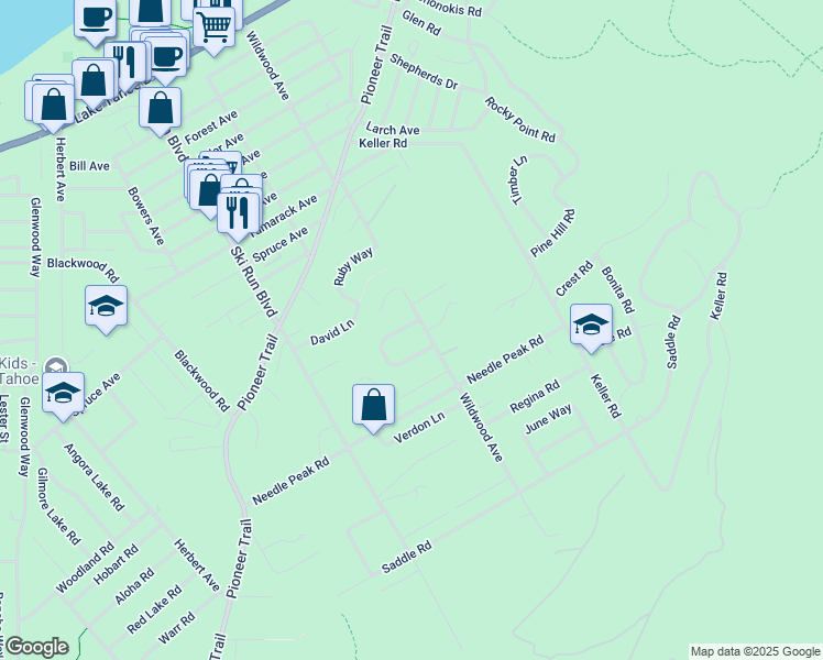 map of restaurants, bars, coffee shops, grocery stores, and more near 3770 Terrace Drive in South Lake Tahoe