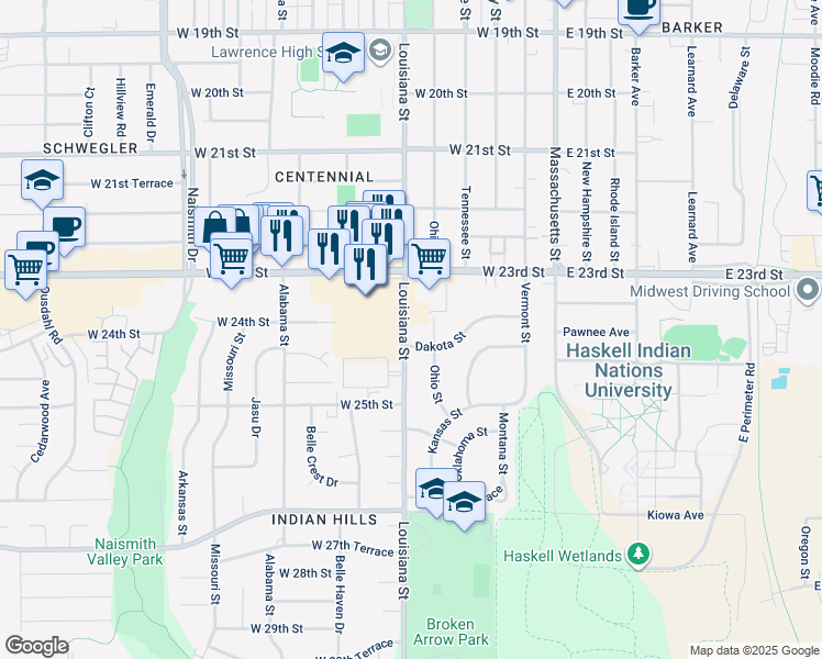 map of restaurants, bars, coffee shops, grocery stores, and more near 2344 Louisiana Street in Lawrence