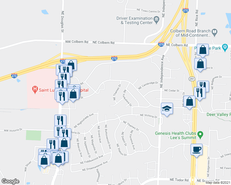 map of restaurants, bars, coffee shops, grocery stores, and more near 1401 Northeast Thames Drive in Lee's Summit