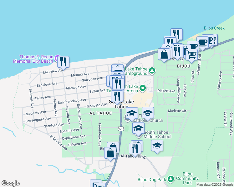 map of restaurants, bars, coffee shops, grocery stores, and more near 3101 Harrison Avenue in South Lake Tahoe
