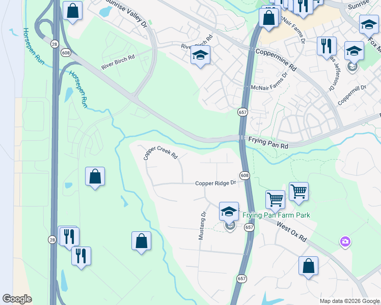 map of restaurants, bars, coffee shops, grocery stores, and more near 2710 Copper Creek Road in Herndon
