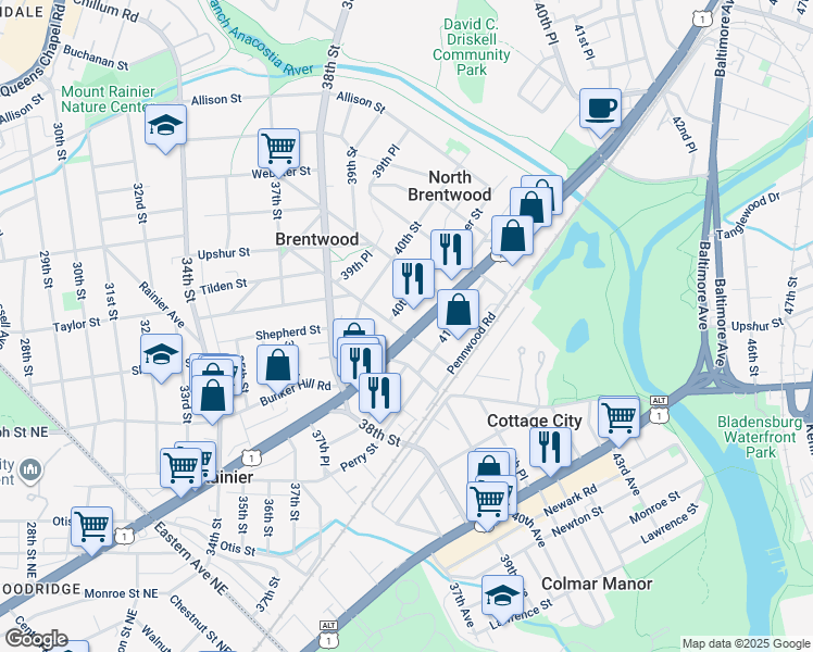 map of restaurants, bars, coffee shops, grocery stores, and more near 101 Independence Avenue Southeast in Washington