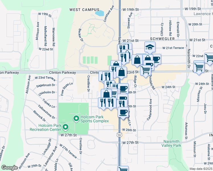 map of restaurants, bars, coffee shops, grocery stores, and more near 2329 Iowa Street in Lawrence