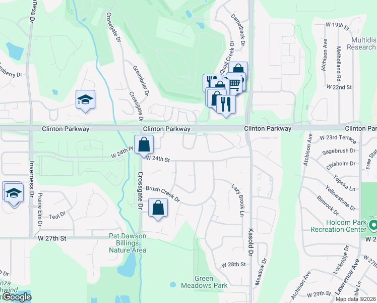map of restaurants, bars, coffee shops, grocery stores, and more near in Lawrence