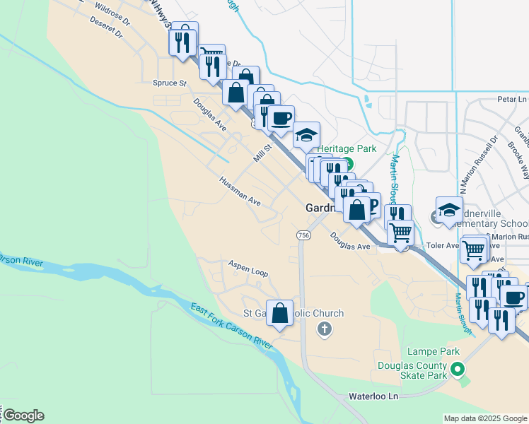 map of restaurants, bars, coffee shops, grocery stores, and more near 1475 Hussman Avenue in Gardnerville
