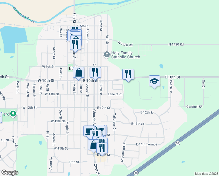 map of restaurants, bars, coffee shops, grocery stores, and more near 1010 Ash Street in Eudora