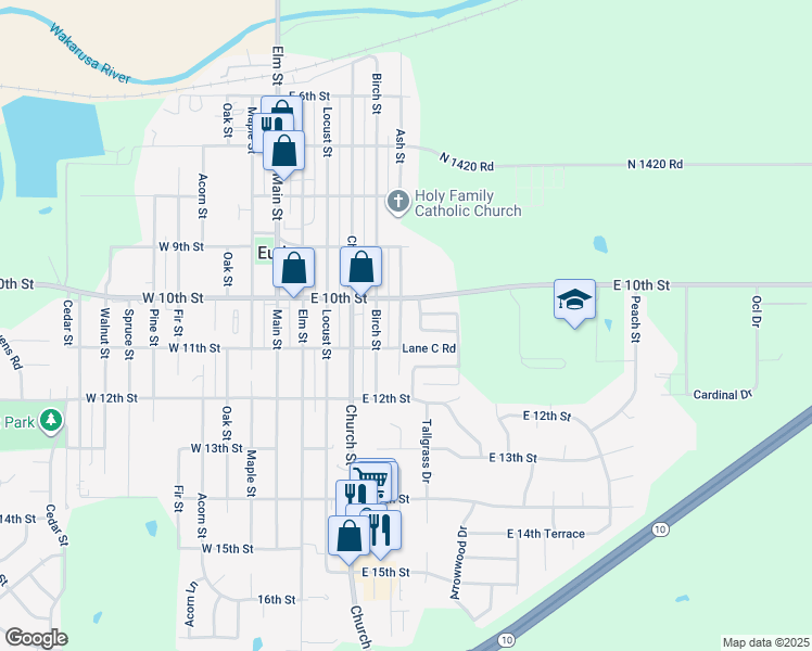 map of restaurants, bars, coffee shops, grocery stores, and more near 1010 Ash Street in Eudora