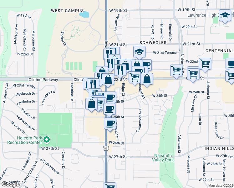 map of restaurants, bars, coffee shops, grocery stores, and more near 2328 Murphy Drive in Lawrence