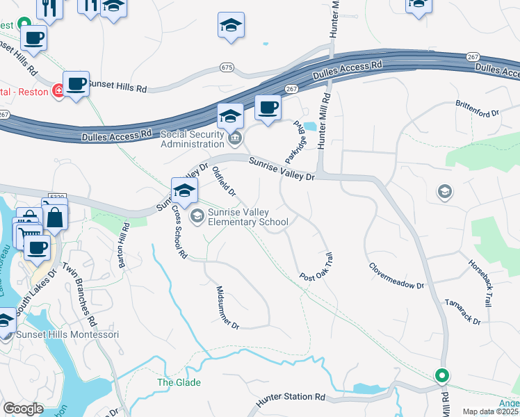 map of restaurants, bars, coffee shops, grocery stores, and more near 1817 Cranberry Lane in Reston