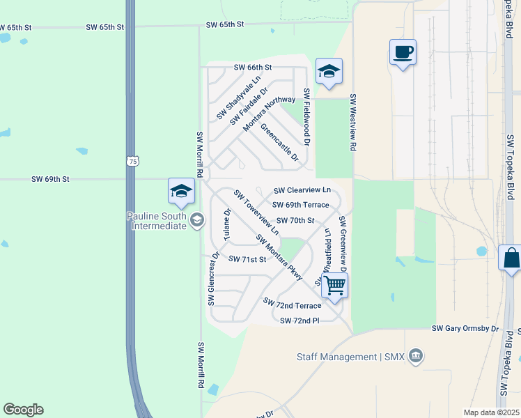 map of restaurants, bars, coffee shops, grocery stores, and more near 1819 Southwest Clearview Lane in Topeka