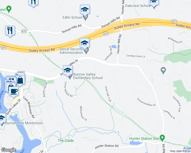 map of restaurants, bars, coffee shops, grocery stores, and more near 1817 Cranberry Lane in Reston