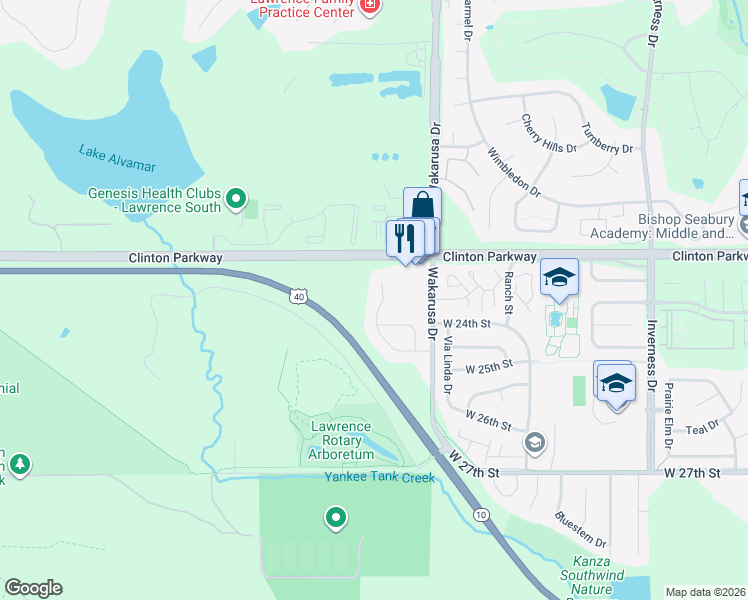 map of restaurants, bars, coffee shops, grocery stores, and more near 4971 Stoneback Drive in Lawrence