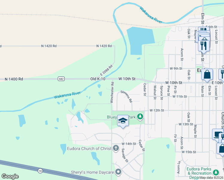 map of restaurants, bars, coffee shops, grocery stores, and more near 1389 Winchester Road in Eudora