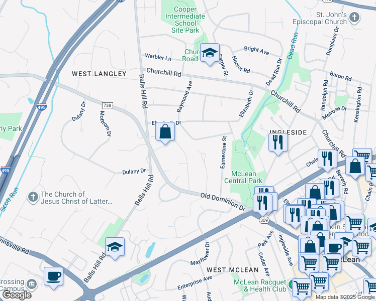 map of restaurants, bars, coffee shops, grocery stores, and more near 1213 Forestwood Drive in McLean