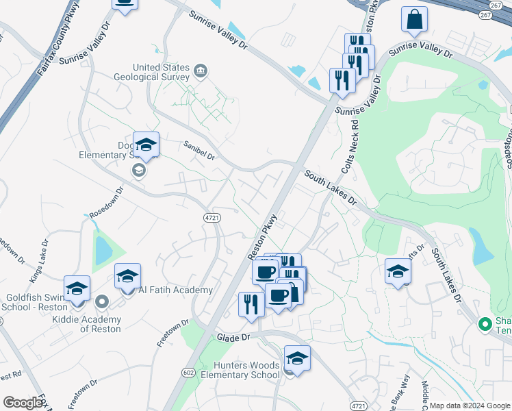 map of restaurants, bars, coffee shops, grocery stores, and more near 2393 Southgate Square in Reston