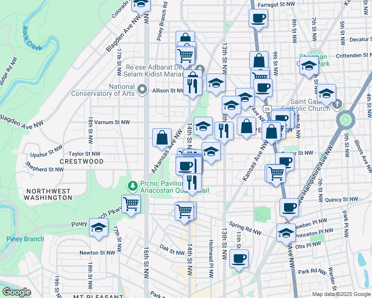 map of restaurants, bars, coffee shops, grocery stores, and more near 4104 14th Street Northwest in Washington