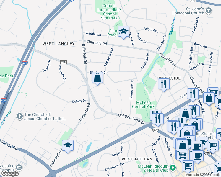 map of restaurants, bars, coffee shops, grocery stores, and more near 1213 Forestwood Drive in McLean