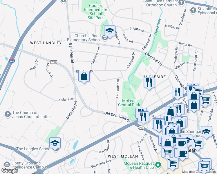 map of restaurants, bars, coffee shops, grocery stores, and more near 1223 Providence Terrace in McLean