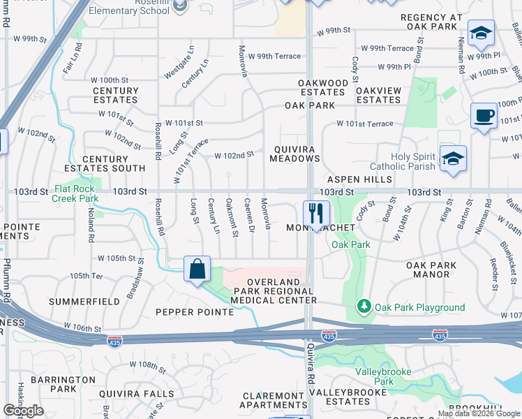 map of restaurants, bars, coffee shops, grocery stores, and more near 10324 Monrovia Street in Lenexa