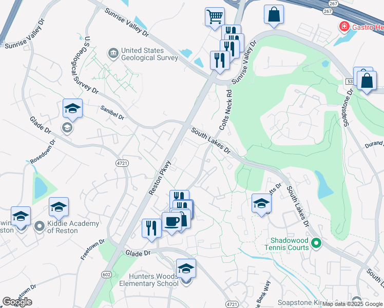 map of restaurants, bars, coffee shops, grocery stores, and more near 12065 Greywing Square in Reston